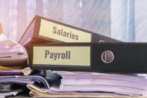 Stack of files with two binders labelled "Salaries" and "Payroll".
